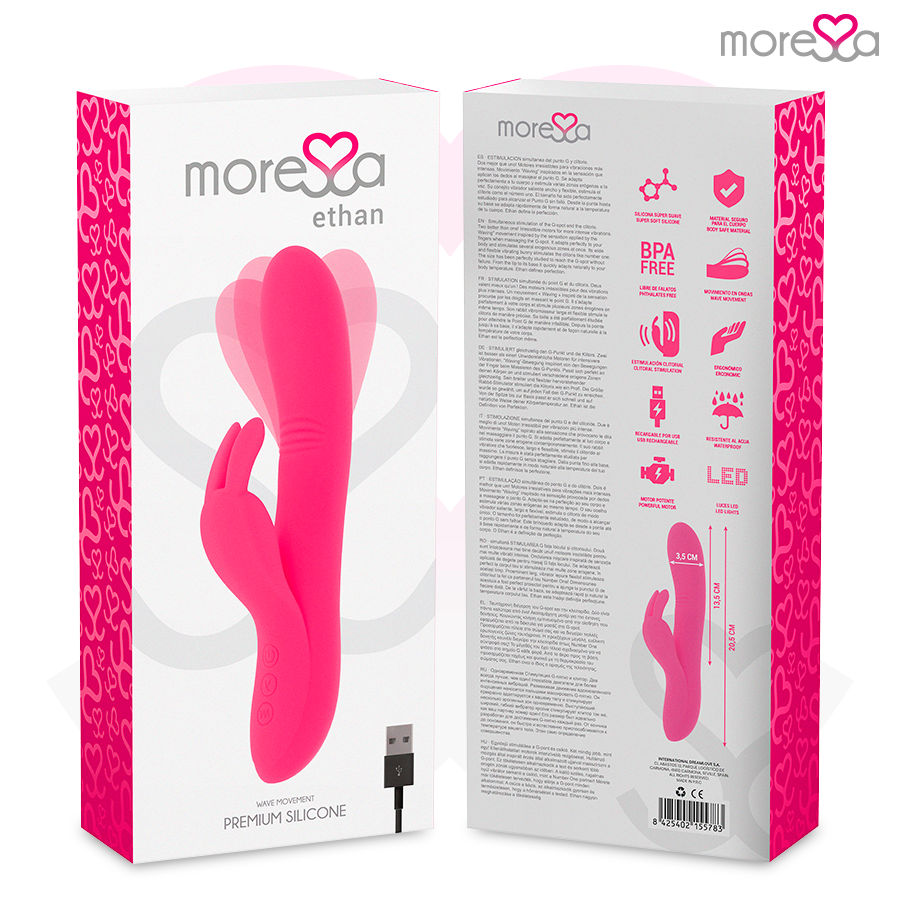 MORESSA Ethan wave effect vibrator with powerful vibration, premium silicone, rechargeable design, showcased in the product image.