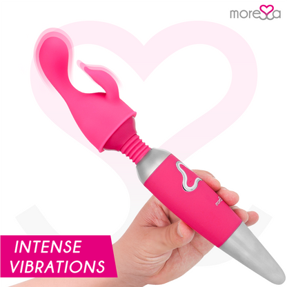 Vibrador recargable MORESSA Odilon con motor potente y dos cabezales de silicona de alta calidad, diseño ergonómico y elegante.