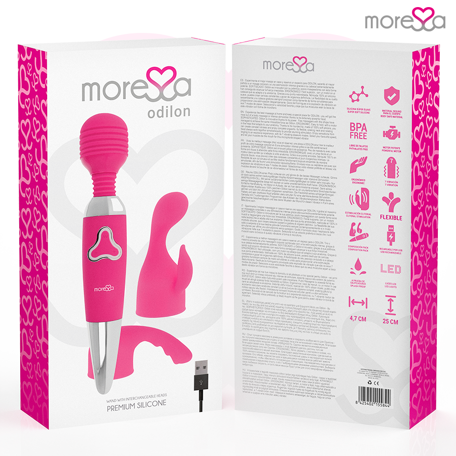 Vibrador recargable MORESSA Odilon con motor potente y dos cabezales de silicona premium, diseño ergonómico y moderno.