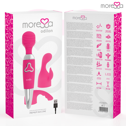 Vibrador recargable MORESSA Odilon con motor potente y dos cabezales de silicona premium, diseño ergonómico y moderno.