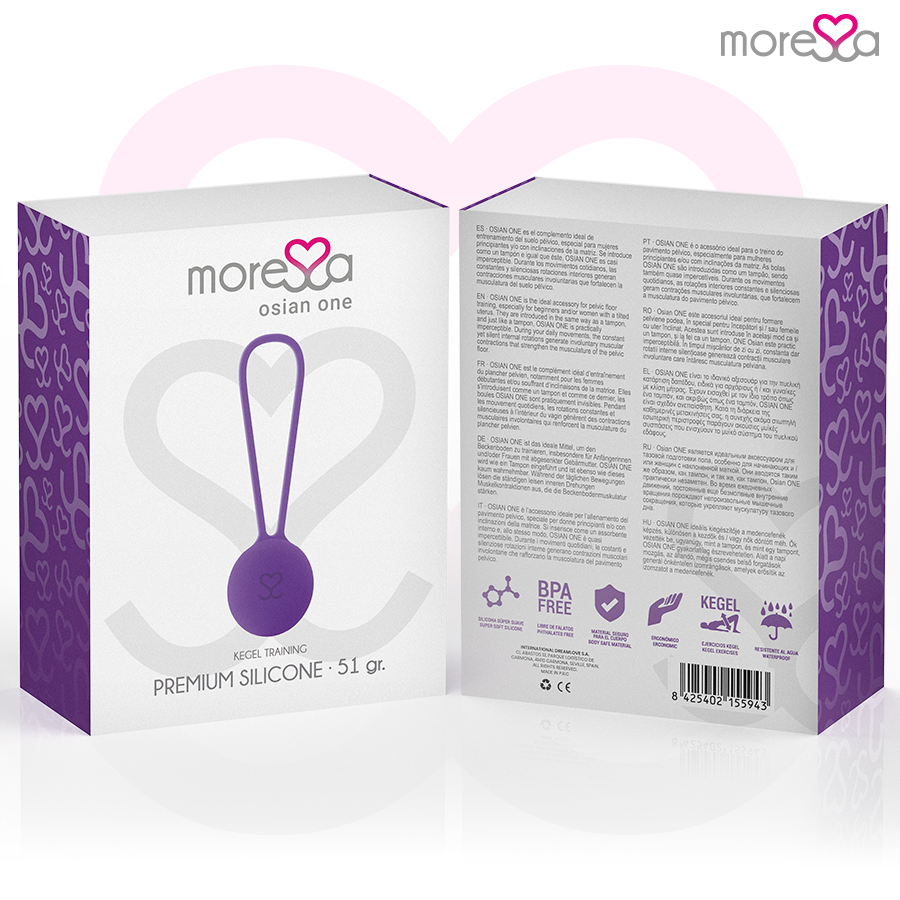 Entrenamiento suelo pélvico MORESSA Osian One en silicona lila, peso de 51gr, diseñado para ejercicios de fortalecimiento.