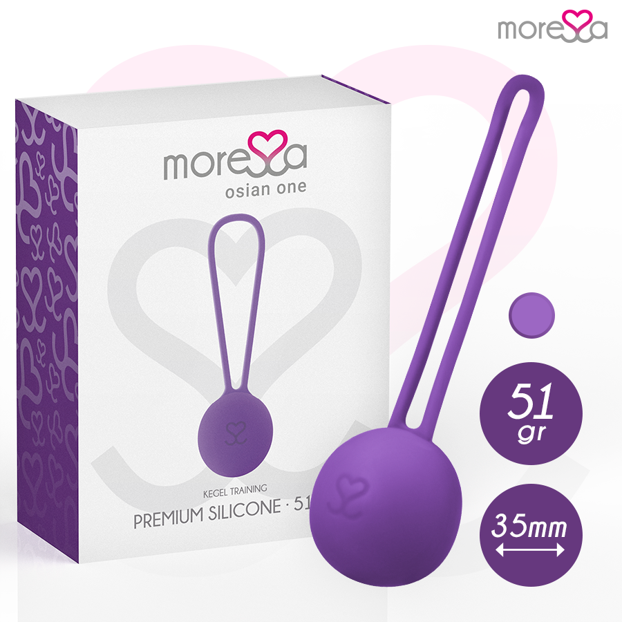 Vibrador de silicona lila MORESSA Osian One para entrenamiento de suelo pélvico, 51g, diseño ergonómico y suave al tacto.