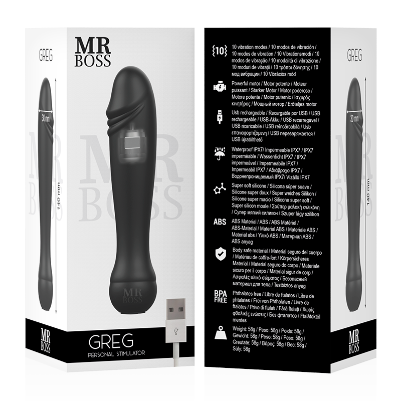 Estimulador personal MR. BOSS Greg, dispositivo compacto y ergonómico para uso íntimo, en color negro con diseño moderno.