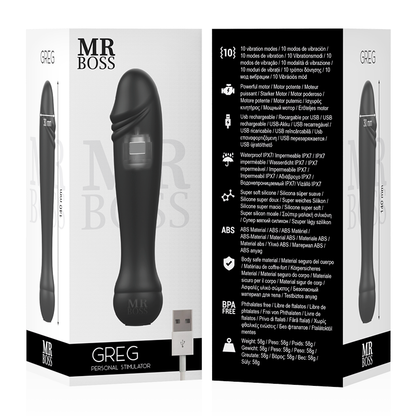 Estimulador personal MR. BOSS Greg, dispositivo compacto y ergonómico para uso íntimo, en color negro con diseño moderno.