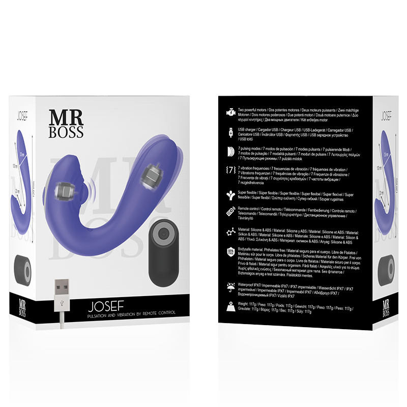 Control remoto MR BOSS Josef para pulsación y vibración, diseñado para parejas, con botones y pantalla en el dispositivo.