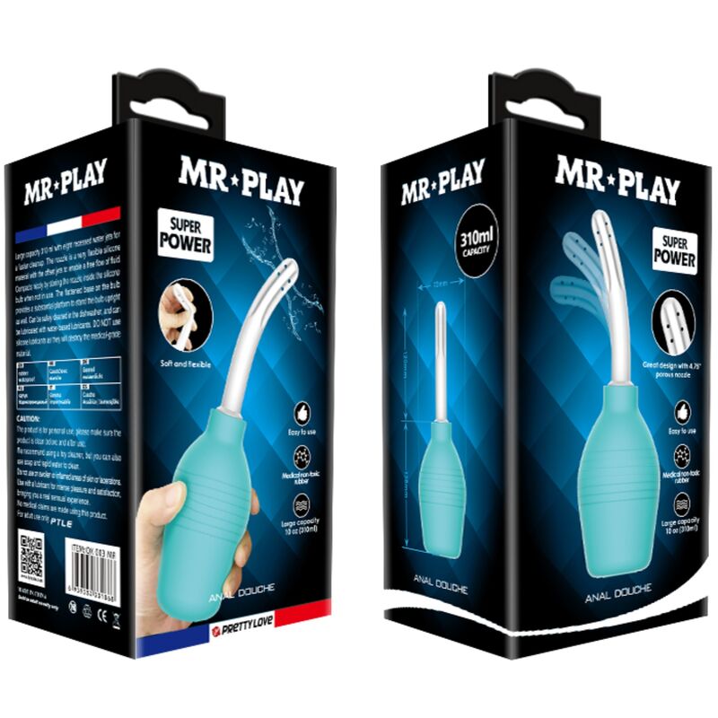 Pera anal de goma azul de la marca MR PLAY, diseñada para uso íntimo y limpieza anal, con forma ergonómica y suave material de silicona