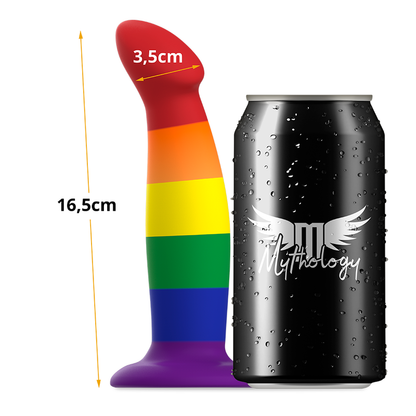 Dildo Mythology Her Garrick Pride de la marca Mythology Fantasy Dildo, con forma realista y detalles en color vibrante.
