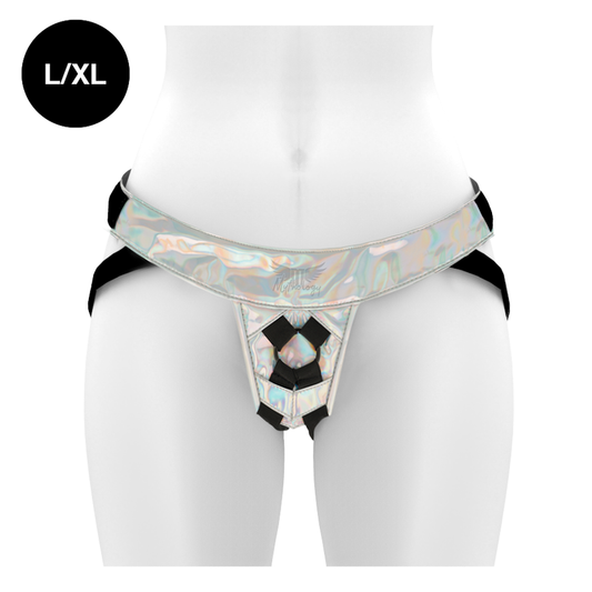 Arnés iridiscente Mythology Fantasy Harness en tamaño L/XL, con correas ajustables y diseño brillante para disfraces o cosplay.