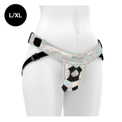 Arnés iridiscente Mythology Fantasy Harness en tamaño L/XL, con acabado brillante y diseño ajustable para uso cómodo y seguro.