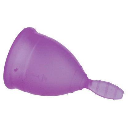 NINA KIKÍ menstrual cup in purple, size S, made of soft silicone, shown in a close-up view on a white background.