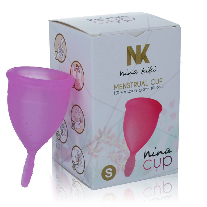 NINA KIKÍ menstrual cup in purple, size S, made of soft silicone, shown in a close-up view with a smooth, flexible shape.