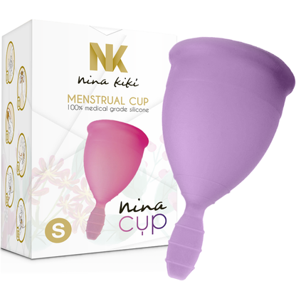 NINA KIKÍ menstrual cup in purple, size S, made of flexible silicone, showing the cup's shape and material for eco-friendly period care.
