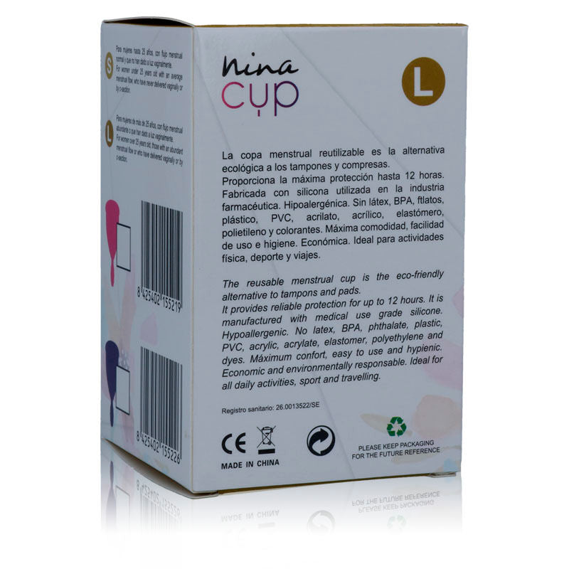Copa menstrual rosa de la marca Nina Kikí, talla L, con diseño suave y flexible para comodidad y protección femenina.