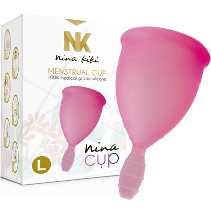Copa menstrual rosa NINA KIKÍ, talla L, hecha de silicona suave, con diseño ergonómico y comodidad para el uso diario.