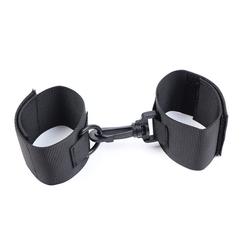 OHMAMA FETISH nylon wrist cuffs with adjustable straps, designed for bondage and restraint play, shown on a plain background.