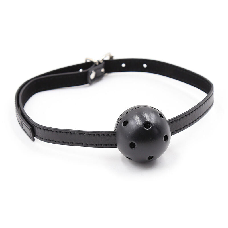 Mordaza con bola y respiraderos de la marca OHMAMA FETISH, accesorios para juegos de restricción, en color negro.