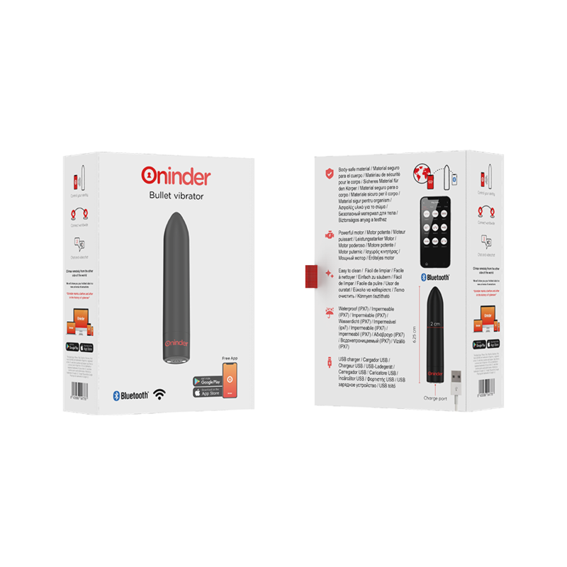 Bala vibradora negra ONINDER Berlin con control por aplicación gratuita, diseñada para placer y estimulación personal.