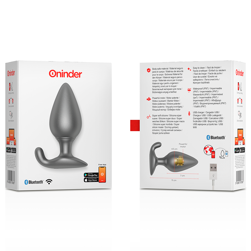 Black ONINDER Rio plug anal vibrator with app control, shown in a close-up view highlighting its shape and textured surface.