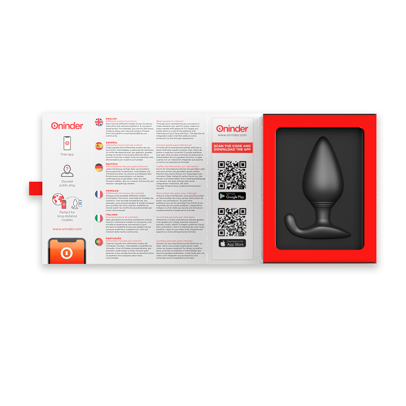 Black ONINDER Rio Plug Anal Vibrator with free app, featuring smooth silicone surface and ergonomic design for comfortable use.
