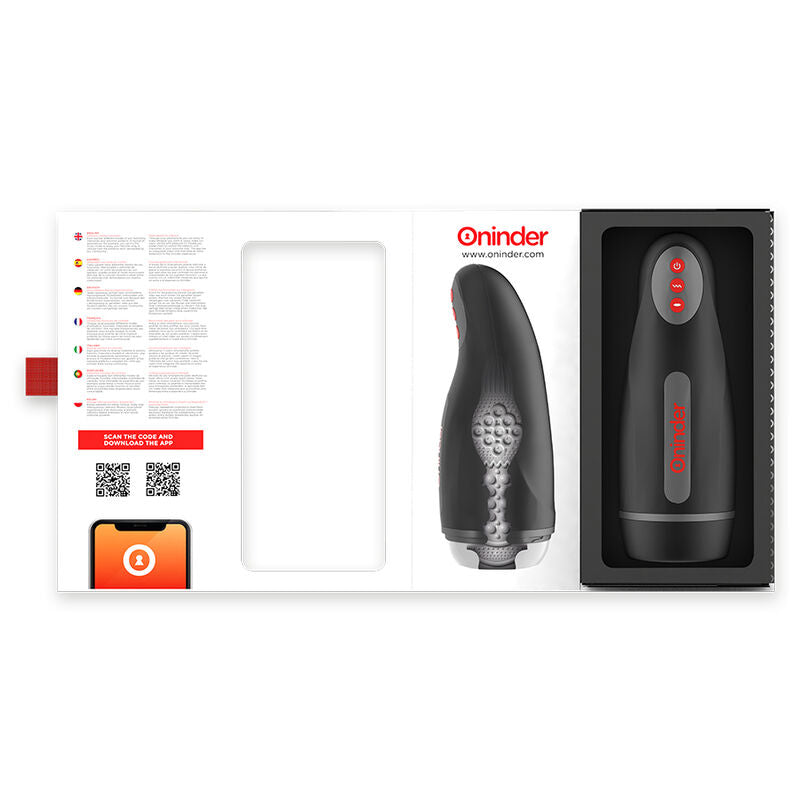 Masturbador masculino ONINDER Seoul con compresión, vibración y control por app gratuita, simula sensaciones realistas.