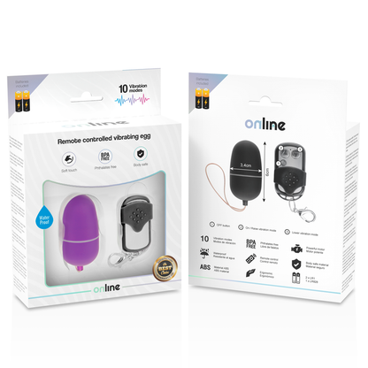 Huevo vibrador control remoto ONLINE de tamaño mediano en color lila, diseñado para placer íntimo y estimulación personal.