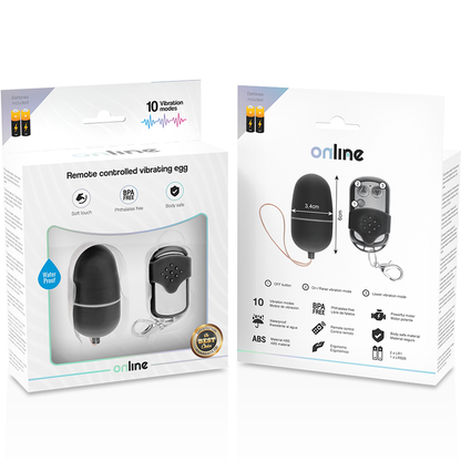 Huevo vibrador negro control remoto ONLINE, tamaño mediano, con botones para ajustar vibraciones, en fondo neutro.
