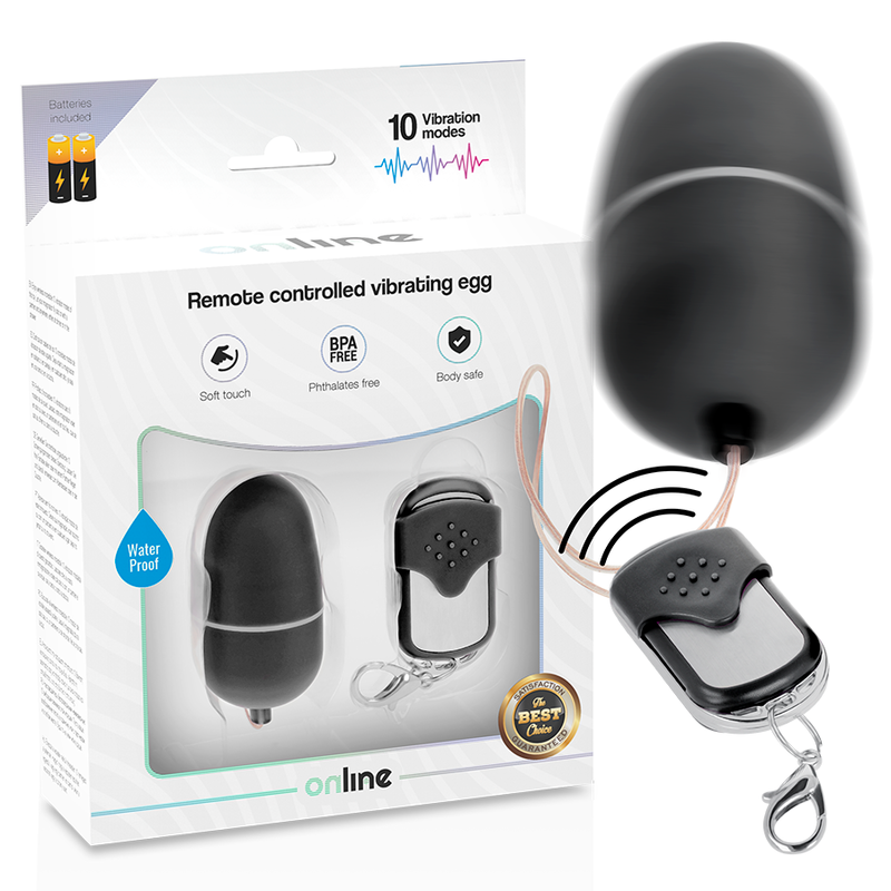 Huevo vibrador negro con control remoto de la marca ONLINE, diseñado para placer y diversión, visible en la imagen.