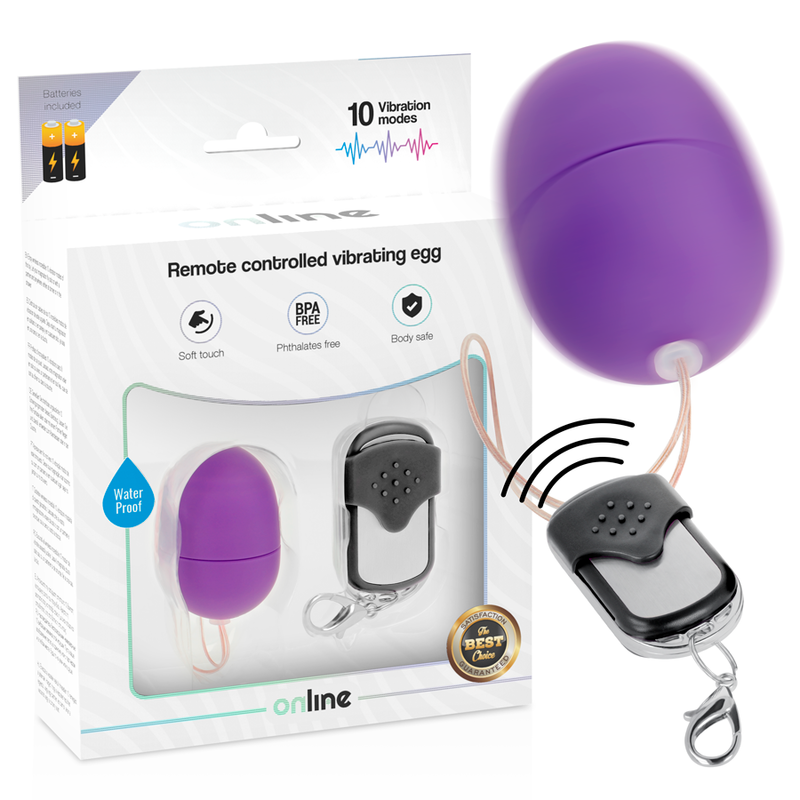 Huevo vibrador ONLINE con control remoto en color lila, diseño compacto y elegante para uso íntimo.