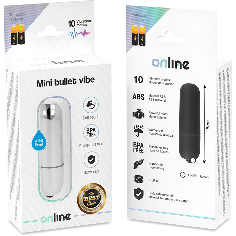 Mini bala vibradora plateada de la marca ONLINE, tamaño compacto y diseño brillante para uso personal.