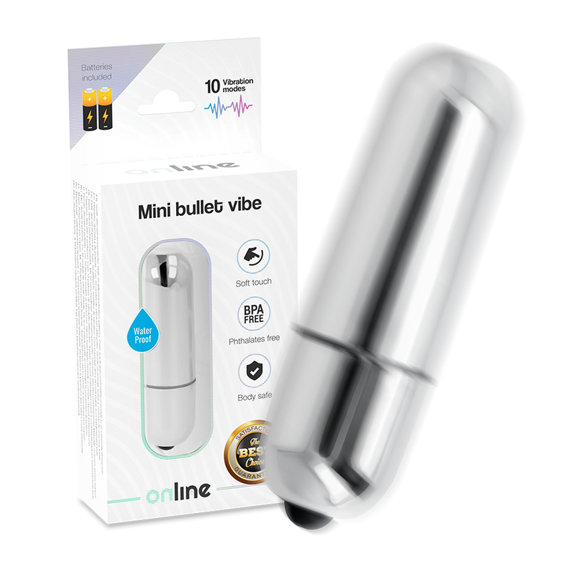 Mini bala vibradora ONLINE de color plateado, pequeña y potente, ideal para estimulación personal y placer íntimo.