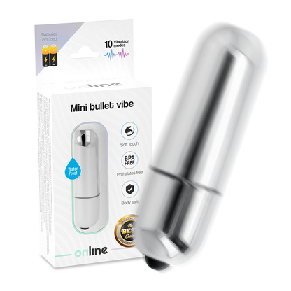 Mini bala vibradora ONLINE de color plateado, pequeña y potente, ideal para estimulación personal y placer íntimo.