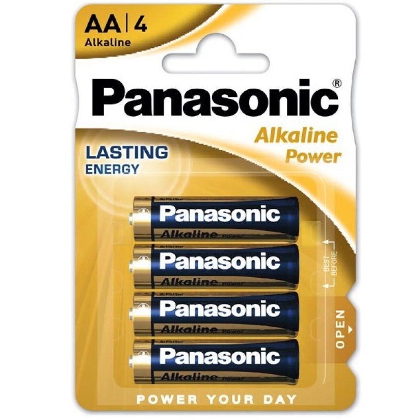 Panasonic bronze AA alkaline batteries in a blister pack of four, featuring clear labeling and battery specifications.