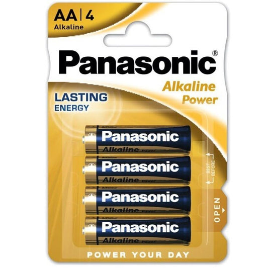 Panasonic bronze AA alkaline batteries in a blister pack of four, featuring clear labeling and battery specifications.