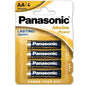 Panasonic bronze AA alkaline batteries in a blister pack of four, featuring clear labeling and battery specifications.