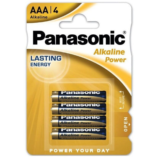 Pilhas alcalinas AAA Panasonic Bronze LR03 en blister de 4 unidades, ideales para dispositivos electrónicos.