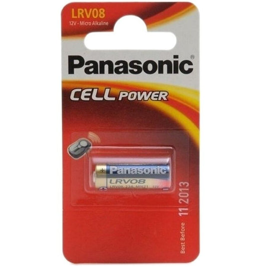 Panasonic LRV08 LR23A 12V alkaline battery in a blister pack, showcasing the battery's design and packaging.