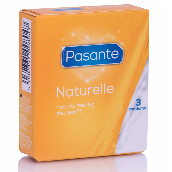 Condoms Pasante Gama Naturelle en paquete de 3 unidades, envase con protección y marca reconocida.