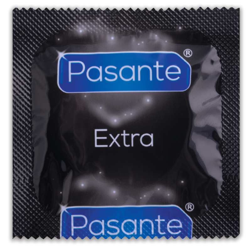 Preservativos extra gruesos de la marca PASANTE, paquete de 12 unidades, ideales para mayor comodidad y seguridad.