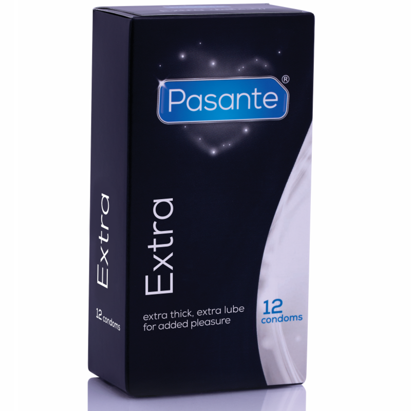 Preservativos Pasante extra gruesos en paquete de 12 unidades, protección adicional y mayor grosor para mayor seguridad.