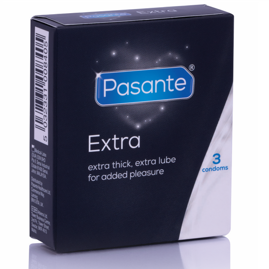 Preservativos extra gruesos de la marca Pasante en caja de 3 unidades, con empaque y detalles visibles en la imagen.