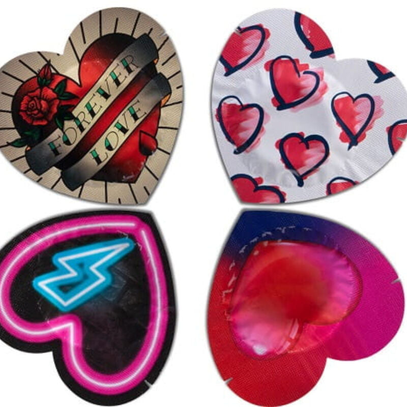Preservativos Pasante rojos en forma de corazón en bolsa con 144 unidades, ideales para protección y momento íntimo.