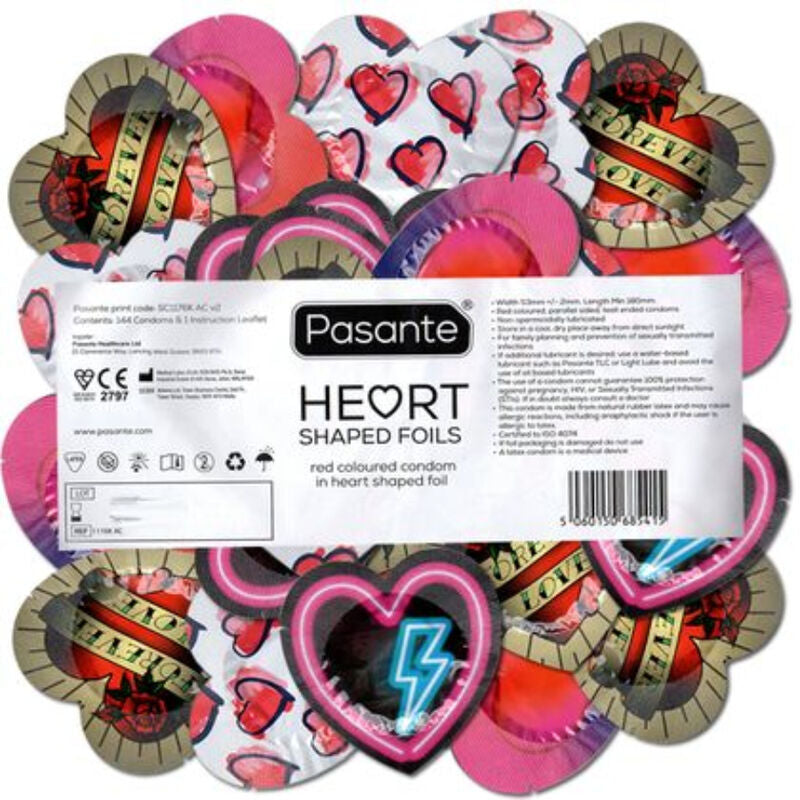 Preservativos Pasante rojos en forma de corazón en bolsa con 144 unidades, protección segura y diseño romántico.