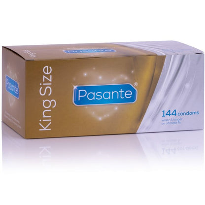 Preservativos Pasante King MS largos y anchos en caja de 144 unidades, envase con preservativos en paquete.
