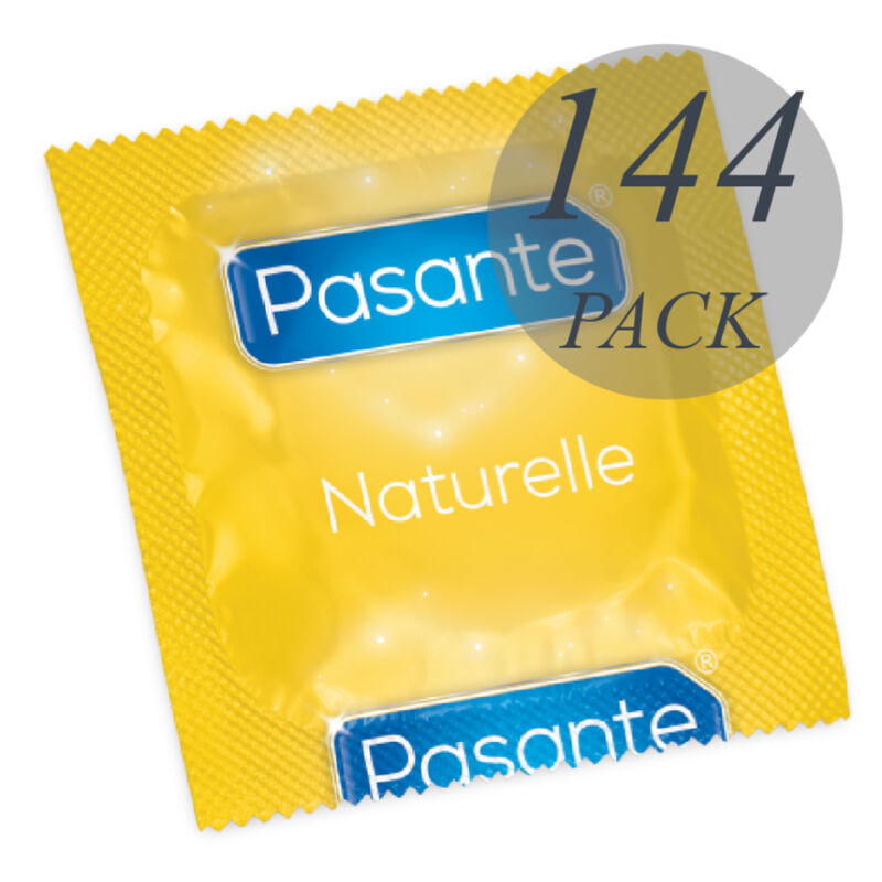 Preservativos Pasante Naturelle en bolsa con 144 unidades, caja con preservativos transparentes y lubricados para mayor protección.