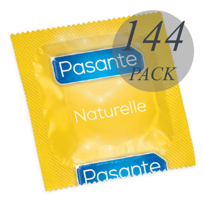 Preservativos Pasante Naturelle en bolsa con 144 unidades, caja con preservativos transparentes y lubricados para mayor protección.
