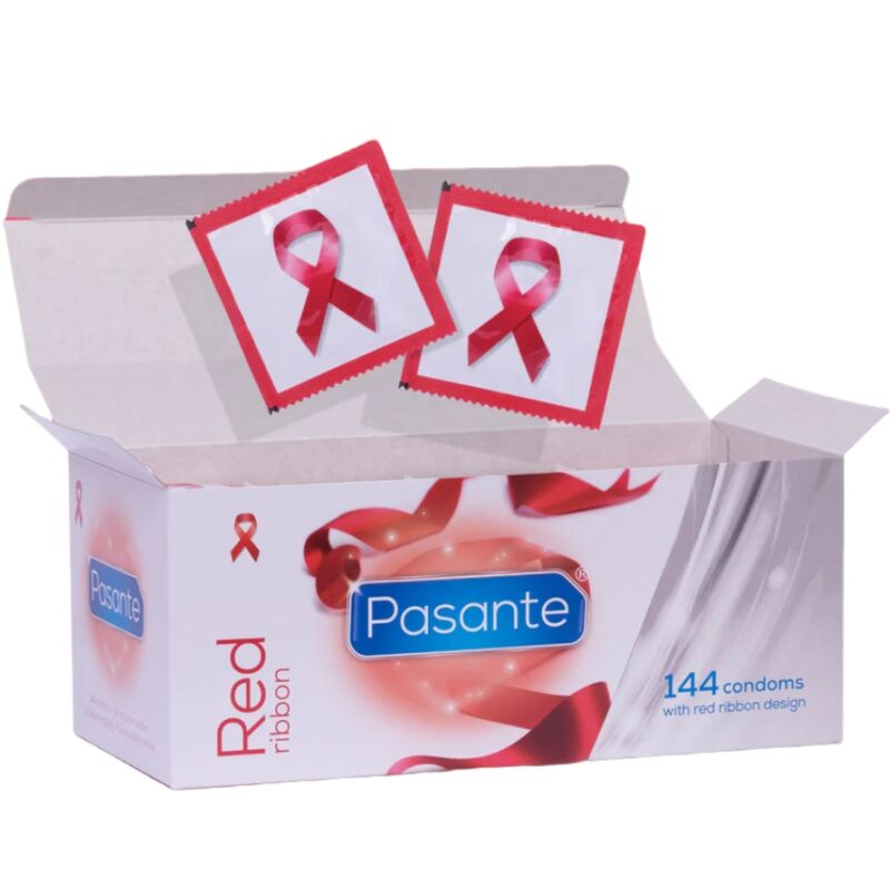 Preservativos Pasante Red Ribbon en paquete de 144 unidades, con envoltorio rojo y diseño de cinta en la caja.