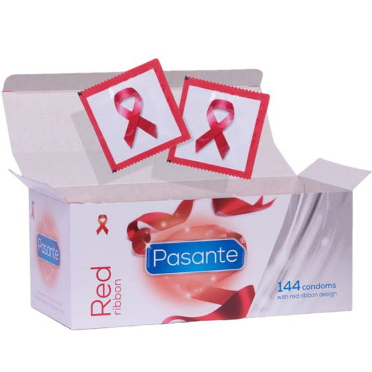 Preservativos Pasante Red Ribbon en paquete de 144 unidades, con envoltorio rojo y diseño de cinta en la caja.