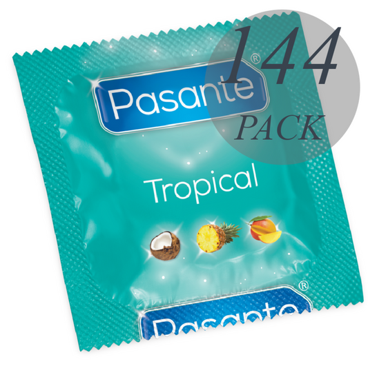 Preservativos Pasante sabor tropical en caja con 144 unidades, con envase que muestra el empaque y la marca.