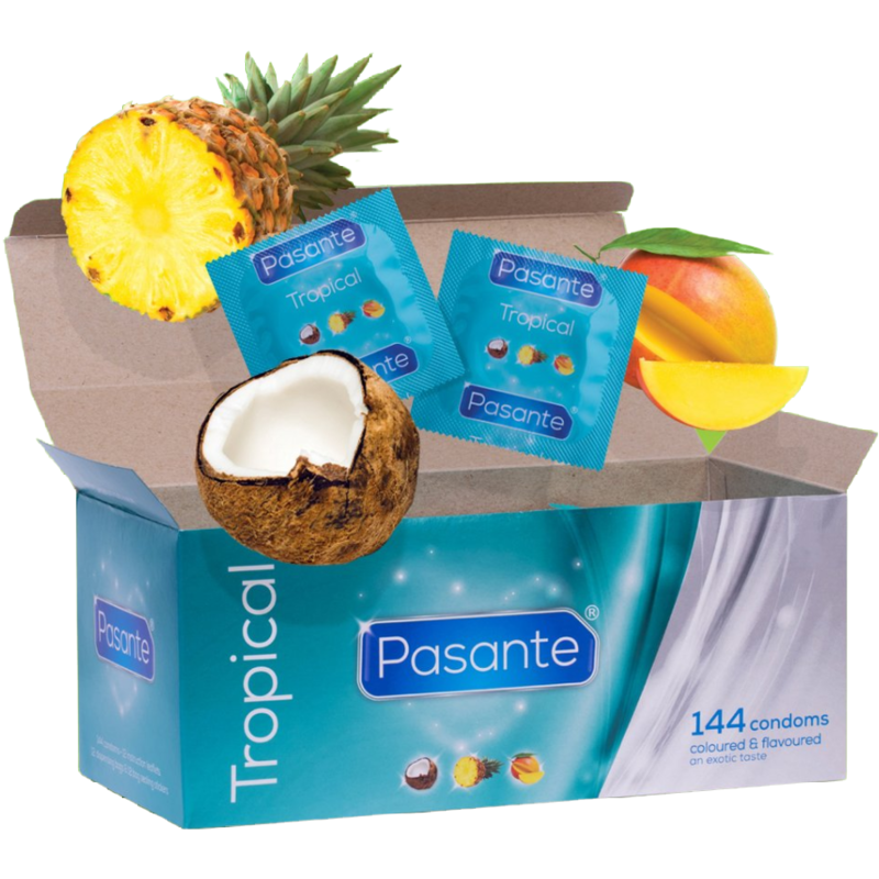Preservativos Pasante de sabores tropical en paquete de 144 unidades, con envase que muestra los preservativos y su diseño colorido