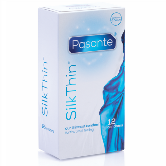 Conjunto de 12 preservativos PASANTE SILK MS Fino, envueltos en paquete individual, para mayor protección y comodidad.